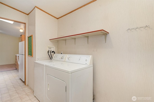 laundry area with crown molding, washing machine and clothes dryer, a skylight, and light floors