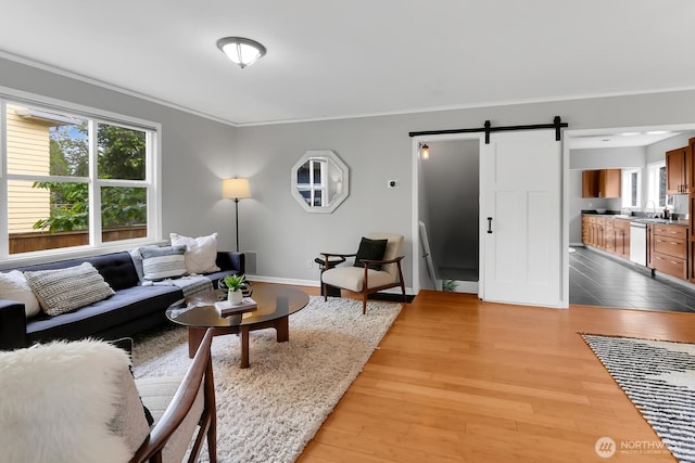 living room featuring a barn door, crown molding, wood finished floors, and baseboards