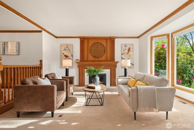 4816 118th Ave NE, Kirkland, WA 98033 - carpeted living area with crown molding and a large fireplace