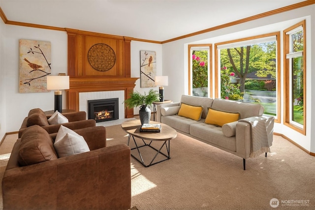 4816 118th Ave NE, Kirkland, WA 98033 - living room featuring baseboards, a brick fireplace, crown molding, and carpet floors