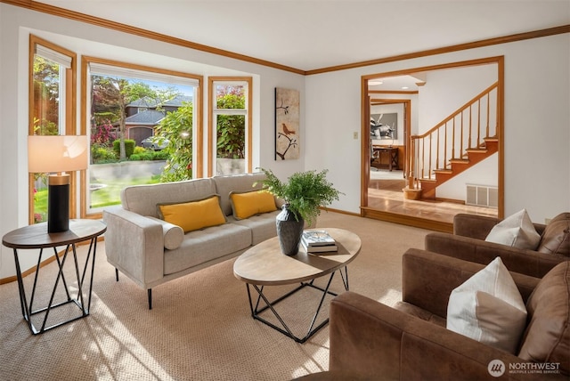 4816 118th Ave NE, Kirkland, WA 98033 - living area featuring carpet, plenty of natural light, stairway, baseboards, and ornamental molding