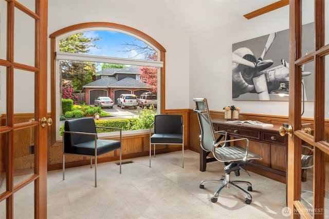 4816 118th Ave NE, Kirkland, WA 98033 - home office featuring a wainscoted wall, carpet floors, french doors, and vaulted ceiling