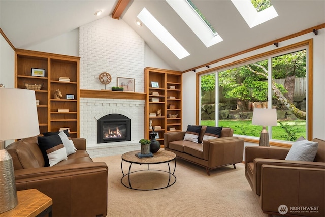 4816 118th Ave NE, Kirkland, WA 98033 - living area with a skylight, a brick fireplace, light carpet, beam ceiling, and high vaulted ceiling