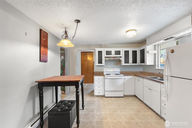 714 S 43rd St, Tacoma, WA 98418 - kitchen featuring white appliances, a textured ceiling, under cabinet range hood, white cabinetry, and glass insert cabinets