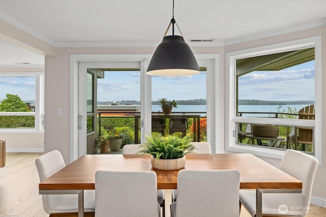 725 1st St S Unit 104, Kirkland, WA 98033 - dining space with a water view, wood finished floors, ornamental molding, and baseboards