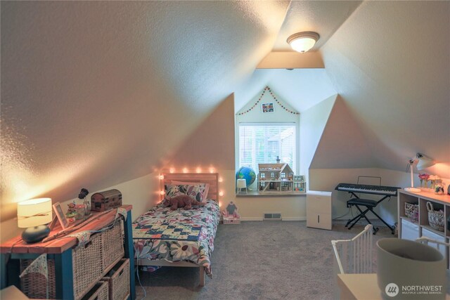 315 SW C St, Tumwater, WA 98512 - carpeted bedroom featuring lofted ceiling and a textured ceiling