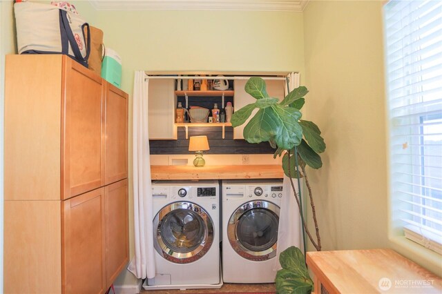 315 SW C St, Tumwater, WA 98512 - clothes washing area with cabinet space, washer and clothes dryer, ornamental molding, and healthy amount of natural light