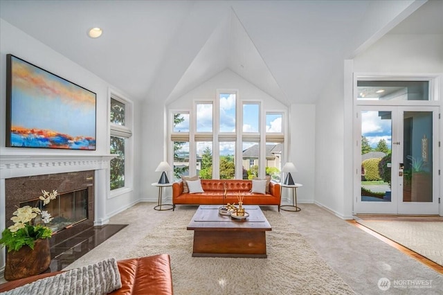 14259 SE 83rd St, Newcastle, WA 98059 - carpeted living room with baseboards, lofted ceiling, and a premium fireplace