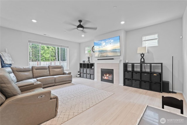 1194 Panoramic Loop, Bremerton, WA 98312 - living room with ceiling fan, a tile fireplace, healthy amount of natural light, wood finished floors, and recessed lighting