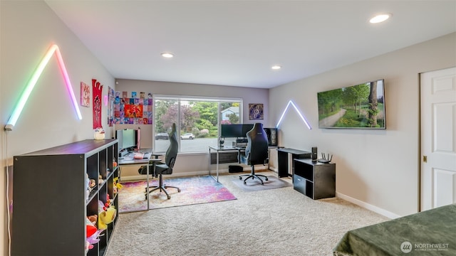 office featuring carpet flooring, recessed lighting, and baseboards