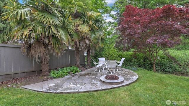 view of yard with a patio and an outdoor fire pit
