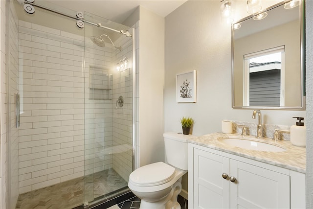 full bath with toilet, a shower stall, and vanity