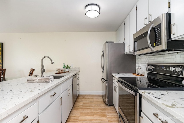 kitchen featuring appliances with stainless steel finishes, a sink, backsplash, light wood-style floors, and white cabinetry