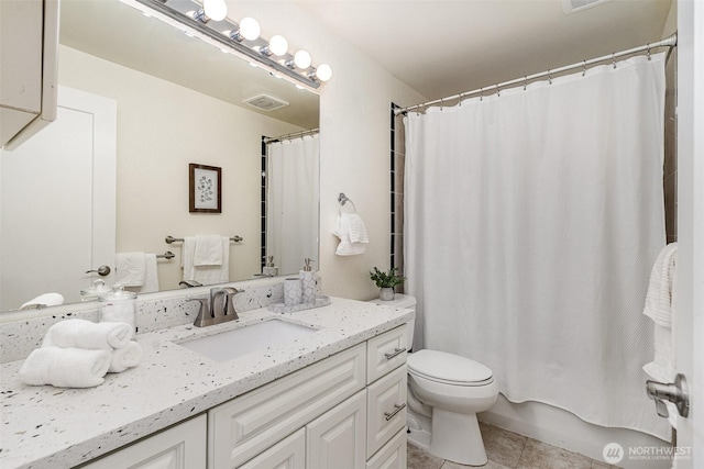 full bath with tile patterned flooring, toilet, vanity, and shower / bath combination with curtain