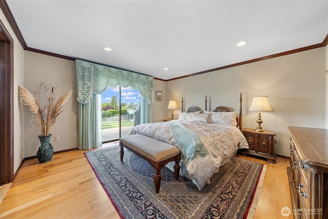 916 Kari Ln, Steilacoom, WA 98388 - bedroom featuring ornamental molding, access to outside, light wood finished floors, baseboards, and recessed lighting