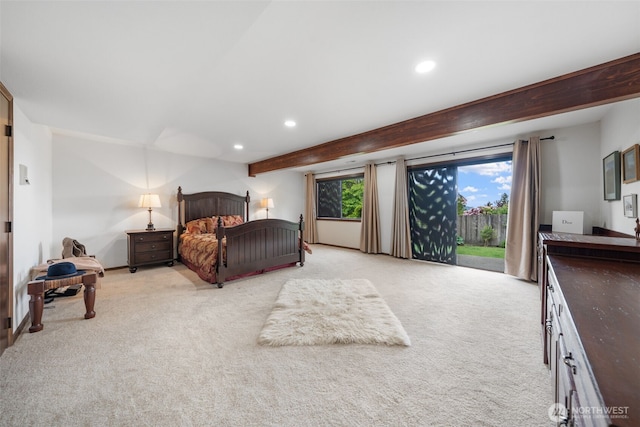 916 Kari Ln, Steilacoom, WA 98388 - bedroom featuring access to outside, light colored carpet, recessed lighting, and beam ceiling
