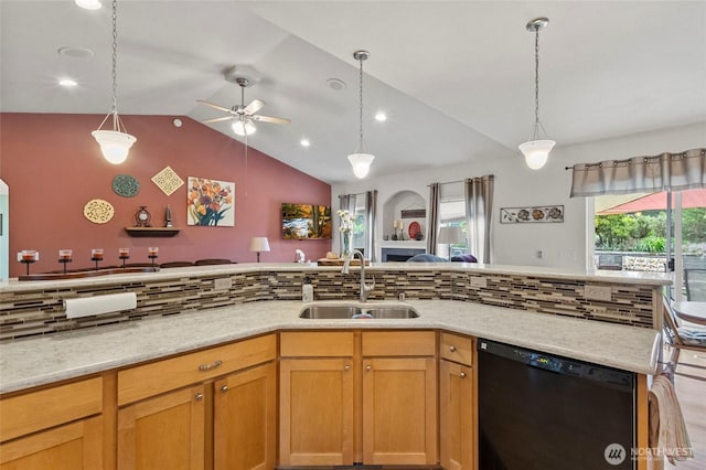 2557 Captains Ct, Ferndale, WA 98248 - kitchen with a sink, dishwasher, decorative backsplash, ceiling fan, and vaulted ceiling