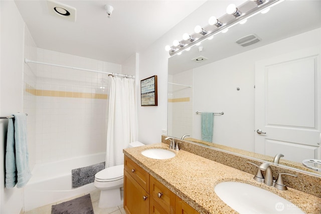 2331 42nd Ave SW Unit 403, Seattle, WA 98116 - bathroom featuring toilet, shower / bath combo with shower curtain, tile patterned flooring, and double vanity