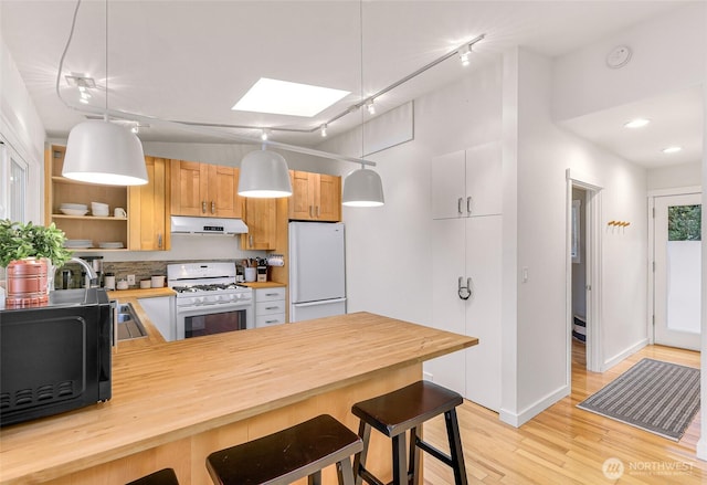 2920 Cedar Ave, Lummi Island, WA 98262 - kitchen with white appliances, under cabinet range hood, track lighting, a skylight, and a peninsula