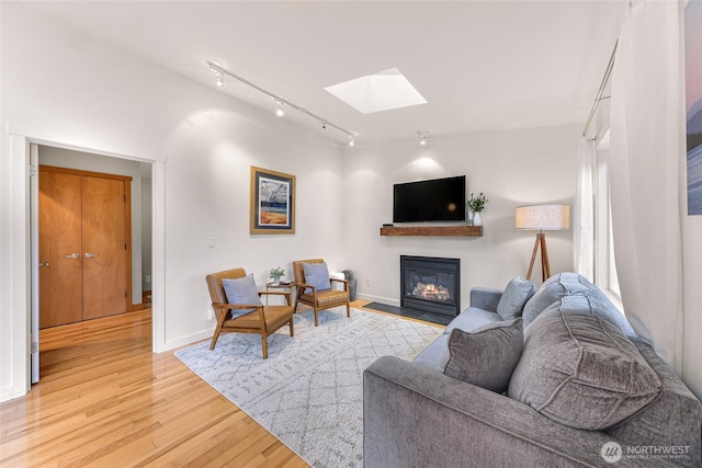 2920 Cedar Ave, Lummi Island, WA 98262 - living room featuring a skylight, track lighting, a fireplace with flush hearth, and light wood-style floors