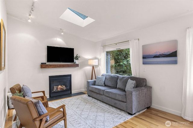 2920 Cedar Ave, Lummi Island, WA 98262 - living room featuring rail lighting, a skylight, wood finished floors, and a glass covered fireplace