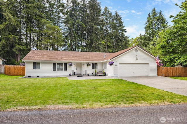 single story home with a garage, driveway, and a tile roof