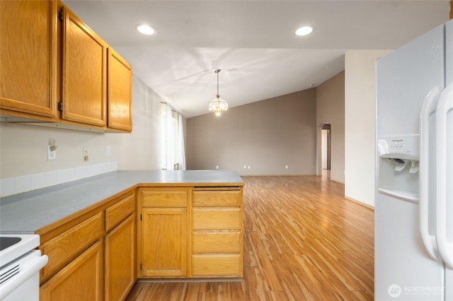 463 Rohrer Loop, Sedro Woolley, WA 98284 - kitchen featuring white refrigerator with ice dispenser, a peninsula, light wood-type flooring, range, and recessed lighting