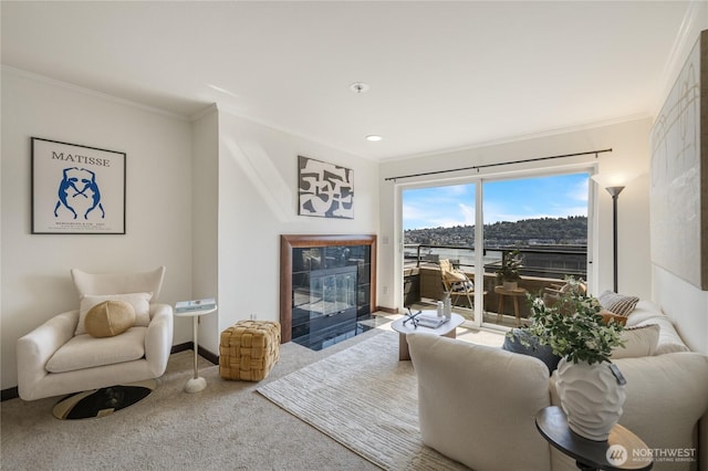 1504 Aurora Ave N Unit 407, Seattle, WA 98109 - carpeted living room featuring a tile fireplace and crown molding