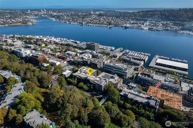 1504 Aurora Ave N Unit 407, Seattle, WA 98109 - aerial overview of property's location with a nearby body of water