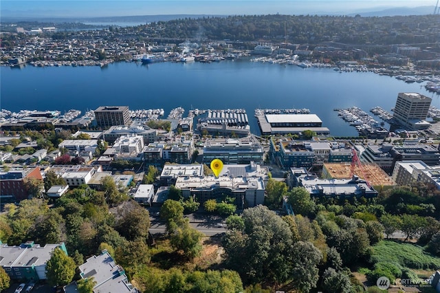 1504 Aurora Ave N Unit 407, Seattle, WA 98109 - aerial overview of property's location featuring a large body of water