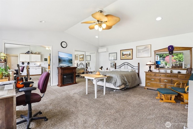bedroom with carpet, lofted ceiling, a wall unit AC, a desk, and a ceiling fan