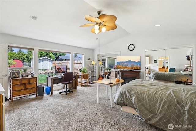 bedroom with carpet flooring, lofted ceiling, a desk, a ceiling fan, and recessed lighting