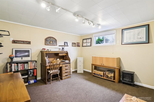 home office featuring rail lighting, carpet flooring, baseboards, and crown molding
