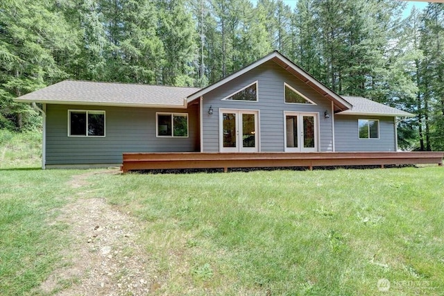 9535 Olalla Valley Rd SE, Port Orchard, WA 98367 - rear view of house featuring french doors, a lawn, a deck, and roof with shingles