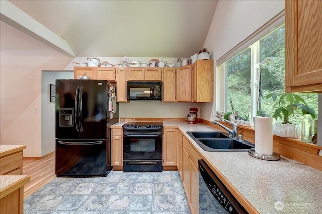 9535 Olalla Valley Rd SE, Port Orchard, WA 98367 - kitchen featuring black appliances, lofted ceiling, light countertops, a sink, and light brown cabinets
