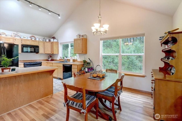 9535 Olalla Valley Rd SE, Port Orchard, WA 98367 - dining space featuring track lighting, a chandelier, high vaulted ceiling, and light wood-style flooring