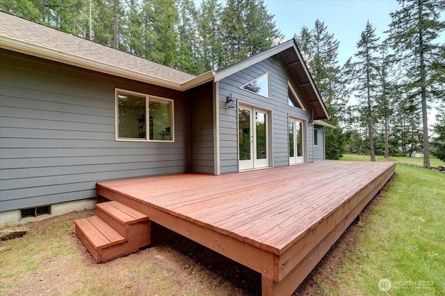 9535 Olalla Valley Rd SE, Port Orchard, WA 98367 - wooden deck featuring french doors and a lawn