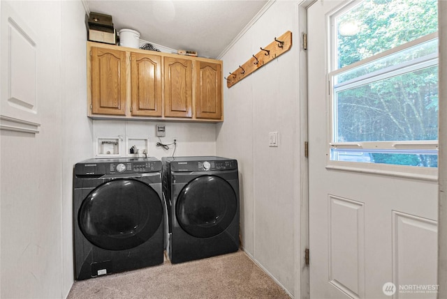 178 Bear View Dr, Chehalis, WA 98532 - laundry room with cabinet space, washer and dryer, carpet, healthy amount of natural light, and ornamental molding