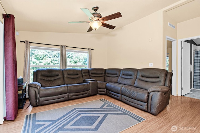 178 Bear View Dr, Chehalis, WA 98532 - living area with a ceiling fan, wood finished floors, and lofted ceiling