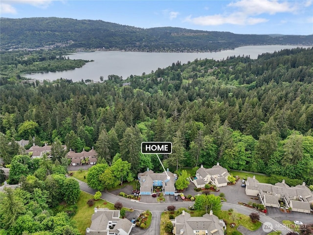 4037 220th Pl SE Unit 1105, Issaquah, WA 98029 - aerial view of property and surrounding area with a forest, a nearby body of water, and property parcel outlined