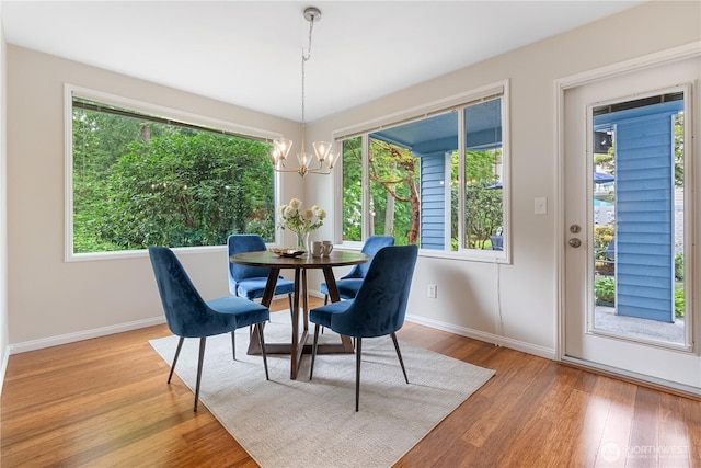 4037 220th Pl SE Unit 1105, Issaquah, WA 98029 - dining space with a chandelier, baseboards, wood finished floors, and plenty of natural light
