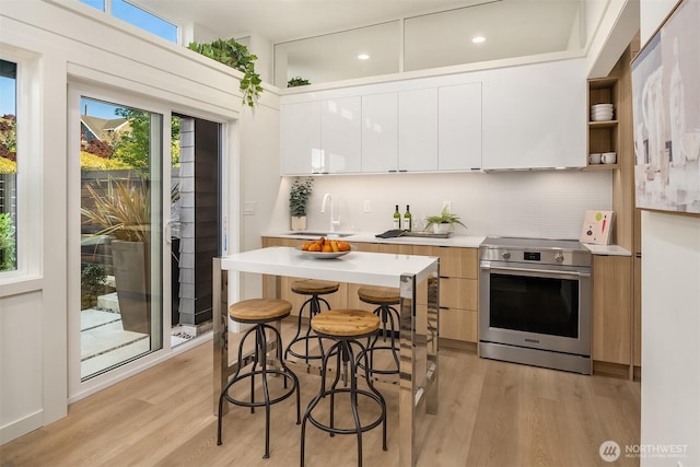 kitchen with stainless steel electric stove, modern cabinets, a sink, and recessed lighting