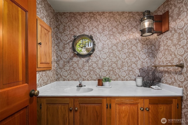871 Deer Point Rd, Orcas Island, WA 98279 - bathroom with wallpapered walls and vanity