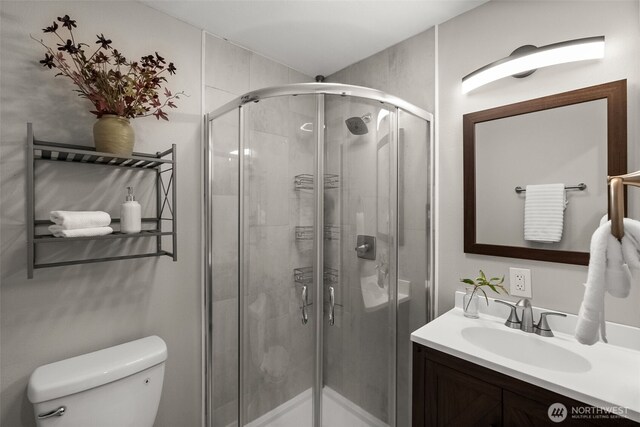 bathroom with toilet, vanity, and a shower stall