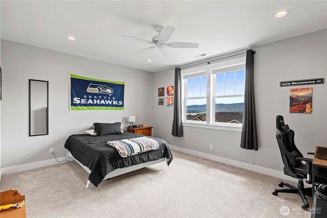 carpeted bedroom with baseboards, recessed lighting, an office area, and a ceiling fan