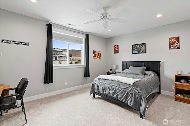 bedroom featuring carpet, recessed lighting, baseboards, and a ceiling fan