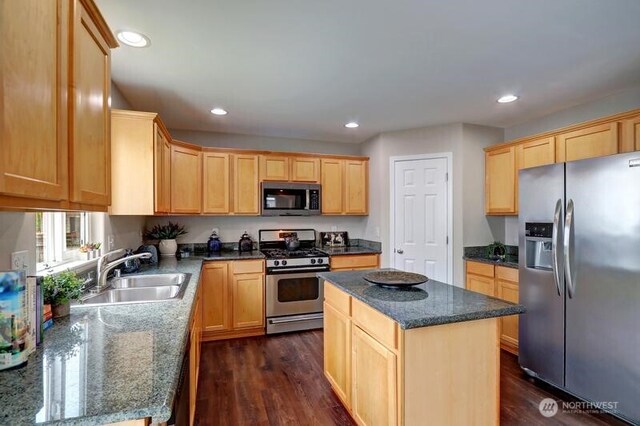 18631 10th Ave SE, Bothell, WA 98012 - kitchen featuring appliances with stainless steel finishes, light brown cabinets, a sink, dark wood-style floors, and recessed lighting