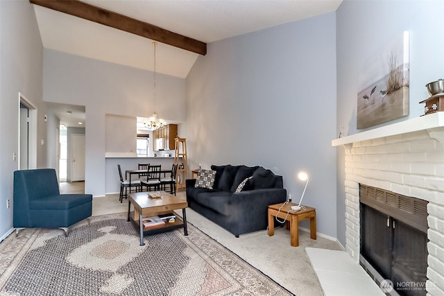 8408 18th Ave W Unit 10-202, Everett, WA 98204 - carpeted living area with a chandelier, beamed ceiling, a brick fireplace, baseboards, and high vaulted ceiling