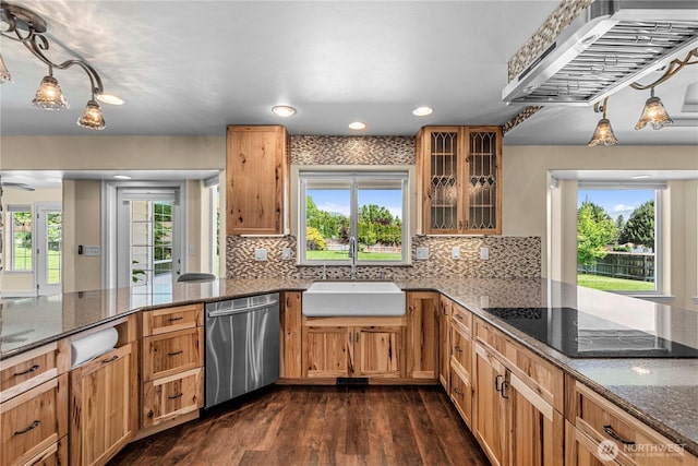2060 5th St, Wenatchee, WA 98801 - kitchen featuring stainless steel dishwasher, a sink, a peninsula, black electric cooktop, and dark wood finished floors