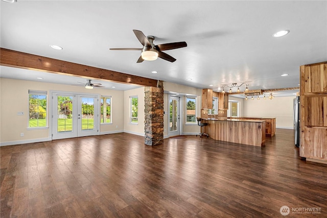 2060 5th St, Wenatchee, WA 98801 - unfurnished living room with recessed lighting, ceiling fan, baseboards, dark wood-style flooring, and beam ceiling